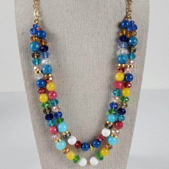 Colorful Double Strand Glass And Agate Beaded Layered Necklace 22 In Gold Tone - Picture 1 of 8